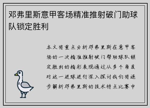 邓弗里斯意甲客场精准推射破门助球队锁定胜利
