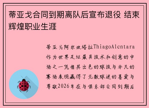 蒂亚戈合同到期离队后宣布退役 结束辉煌职业生涯